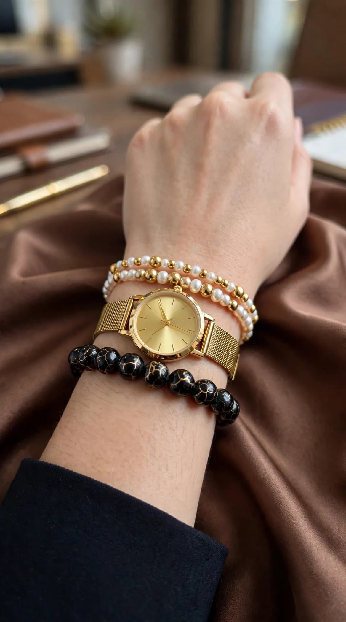 Black with Gold Crackle Beaded Bracelet